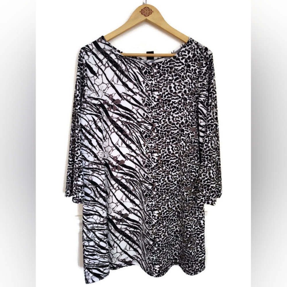 Artsy Abstract Print Womens XL Tunic Top / Dress Black White And Silver